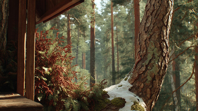 Close up of pine tree trunk in sunlight near rustic wooden cabin with sunlight, outdoors