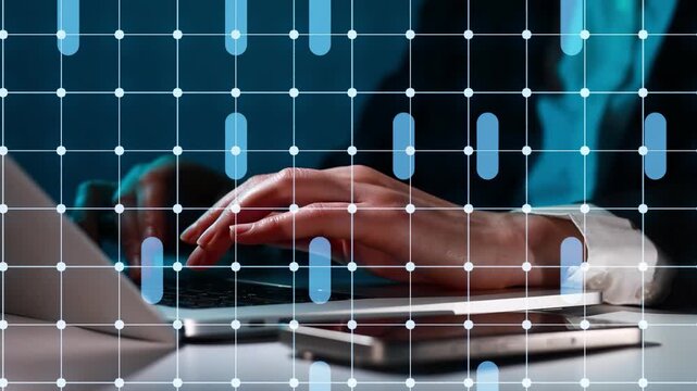 Hands typing on a laptop with a pattern overlay at an indoor setting during evening hours
