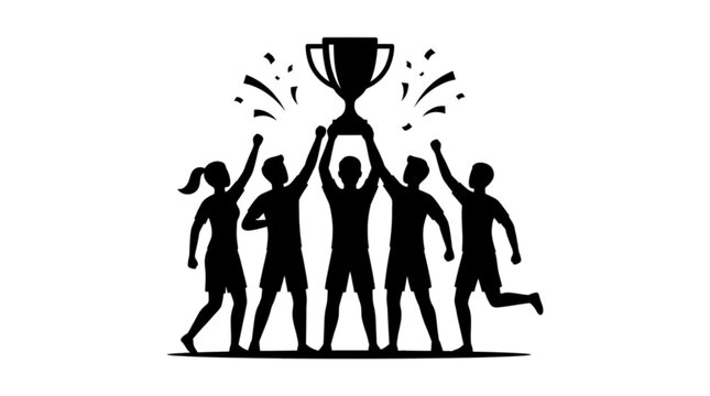Five people celebrating with trophy in silhouette symbolizing teamwork and victory
