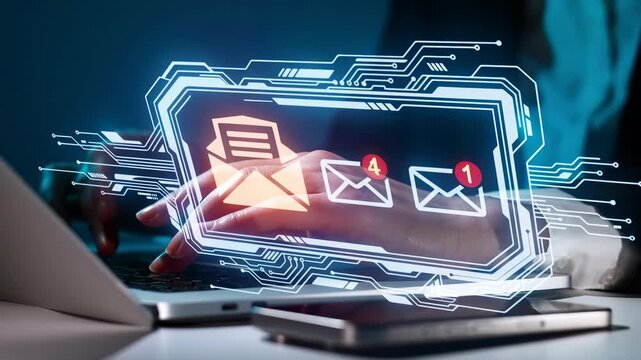 Sending emails with notifications on a computer with digital effects in a modern workspace