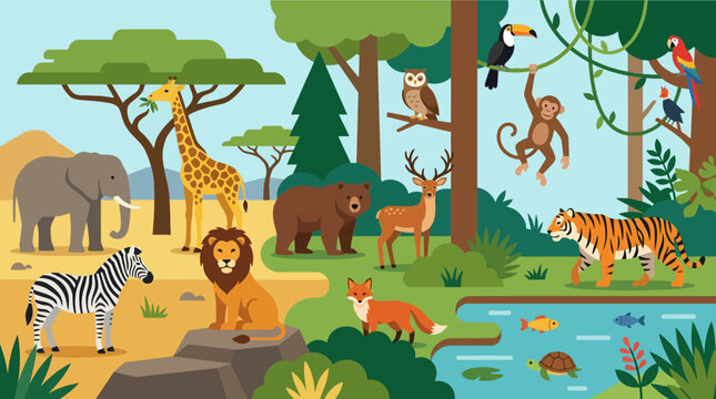 Group of animals in forest habitat.