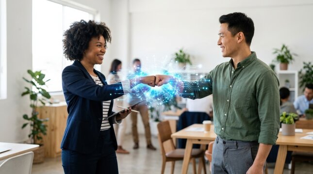 Two people bumping fists with a glowing digital network connection effect between them representing teamwork, commercial stock photo, clean unbranded setting, natural light, realistic detail, high