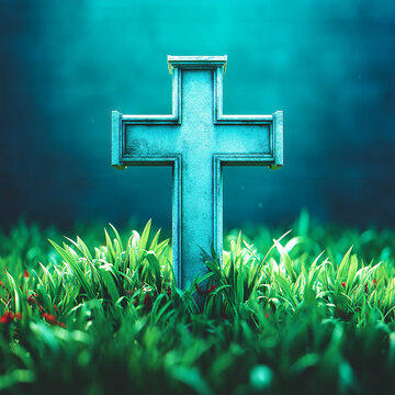 Simple stone cross standing in green meadow grass with religion memorial spiritual