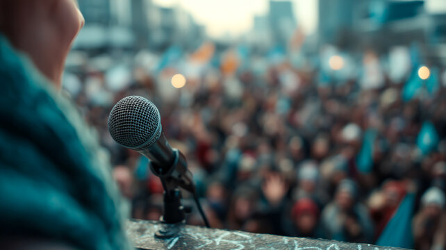Microphone on a stand, ready to amplify a message to the crowd