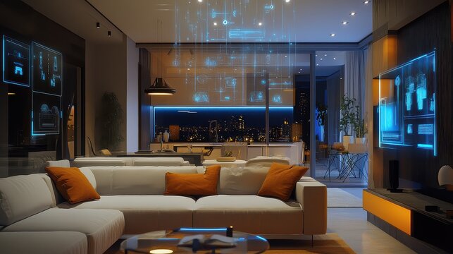 Modern smart home living room with digital ai devices and automation at night