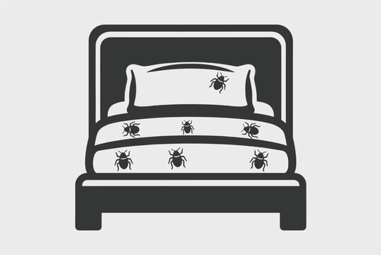 Black and white icon depicts a simple wooden bed frame with many bedbugs crawling over the pillow and the neatly tucked bed sheets.