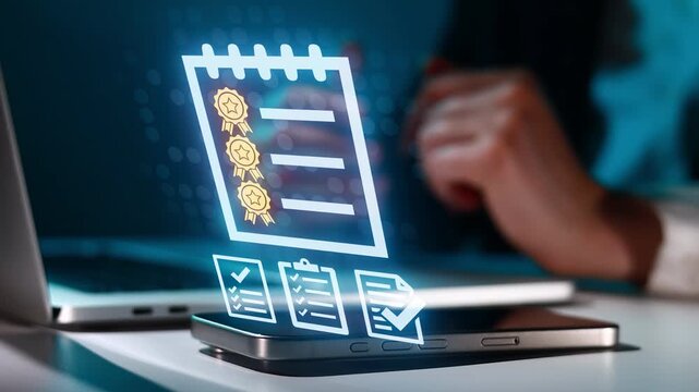 Digital certificate and task list on smartphone with laptop in background in office setting at night
