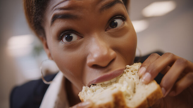 Frau bei&szlig;t genussvoll in ein Sandwich. Authentische Food- und Lifestyleaufnahme &uuml;ber Hunger, Genuss, Mittagspause, Ern&auml;hrung und allt&auml;gliche Essgewohnheiten. Echtfoto.