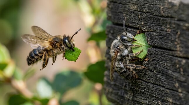 Leafcutter Bees Carrying Green Leaf Pieces to Build Nests in Wooden Post.
