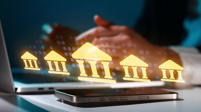 Digital banking symbols appear above a laptop and phone during a financial discussion in a dimly lit room