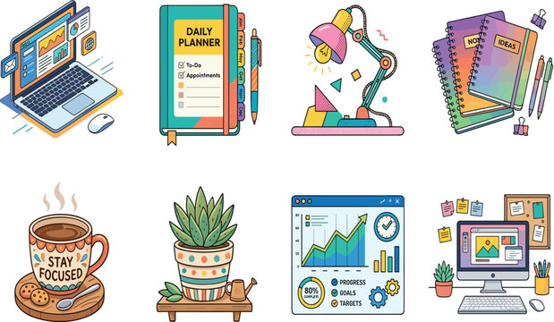 Productivity and workspace vector icon set featuring office supplies daily planner laptop coffee and time management and workspace vector icon set featuring office supplies daily