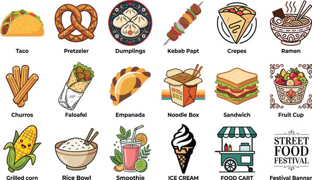 Street food festival vector icon collection featuring global takeaway snacks international meals and delicious dessert food festival vector icon collection featuring global takeaway sna