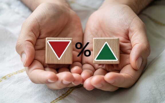 Hands holding wooden blocks with up and down arrows and percentage symbol
