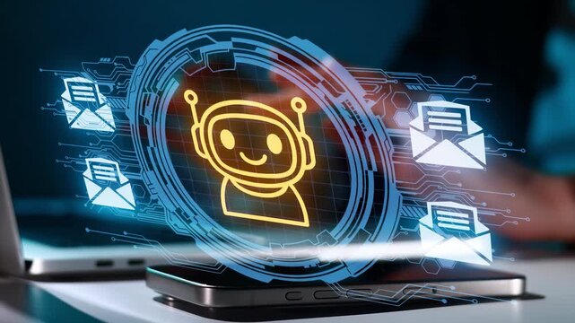 Chatbot helps users with email tasks on digital devices in a modern office setting during the day