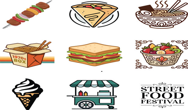 Street food festival vector icon collection featuring global takeaway snacks international meals and sweet dessert food festival vector icon collection featuring 