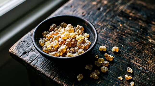 Raw Mastic Gum Tears in Ceramic Bowl on Dark Wooden Table for Wellness E-commerce Banner