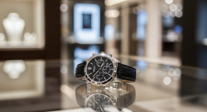Close-up macro detail of a luxurious black leather strap chronograph watch with a silver case and dark dial.
