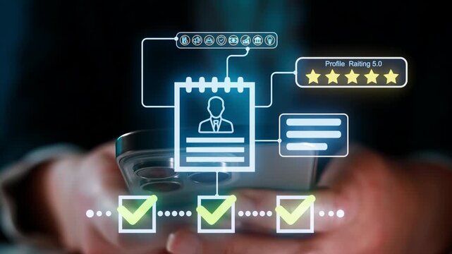 User checks profile rating on mobile device while looking at digital information screen