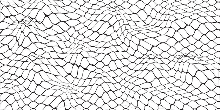 Abstract black and white wavy grid pattern. Distorted monochrome mesh texture vector background.