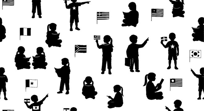 Diverse Silhouette Children Holding Various National Flags.