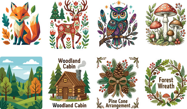 Woodland vector element bundle with geometric fox folk art deer bohemian owl mushrooms forest landscape pine cones and rustic vector element bundle with geometric fox folk art deer bohemian owl 
