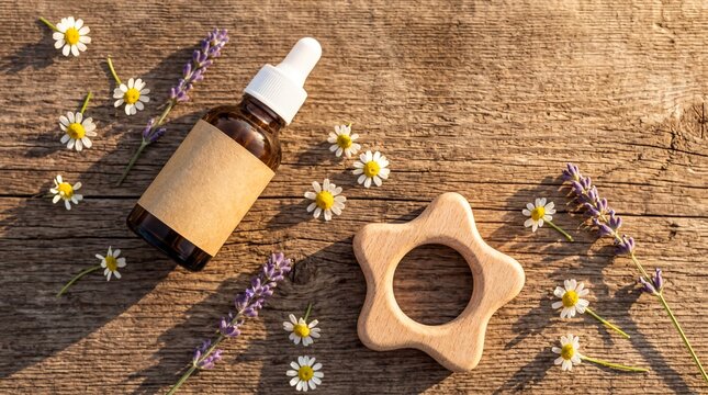 Organic Baby Vitamins and Wooden Teether on Garden Table for Natural Wellness Brand