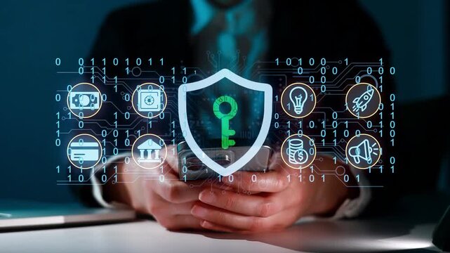 Digital security concept with a person holding a mobile phone in a dark setting showcasing icons and data streams