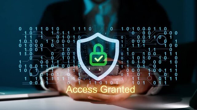 Security process is shown on a digital device with a lock symbol and binary code in the background displaying access granted status