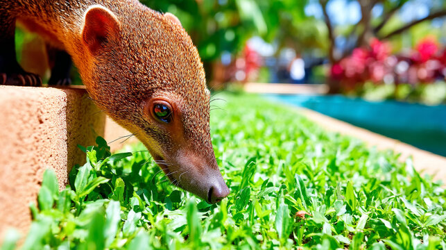 Small coatimundi exploring green grass in a sunny garden with coatimundi, wildlife