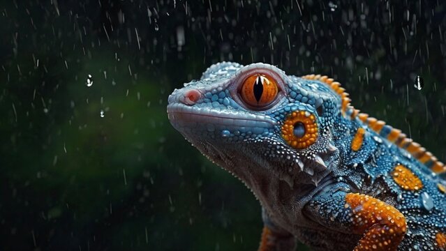 Brilliant blue and orange tokay gecko clinging to rain-soaked bark 
