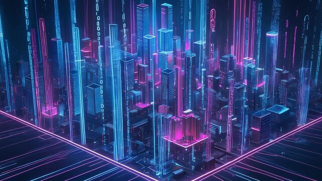 Futuristic cyber cityscape glowing with vibrant neon blue and pink lights and dynamic data streams at night