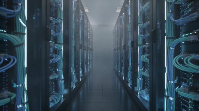 Futuristic data center with glowing cables and rows of advanced server racks in a modern tech environment