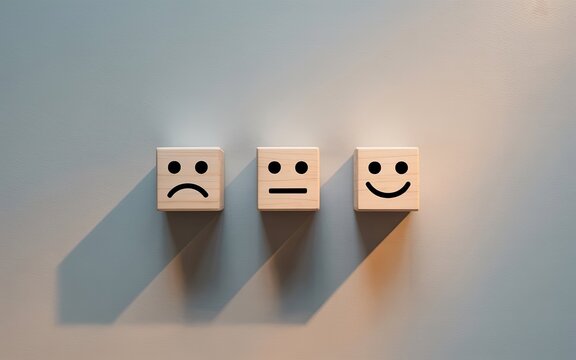 Three wooden blocks with different facial expressions showing emotions and moods
