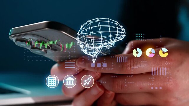 Hand holding smartphone with digital graphics showing data and symbols in a tech environment
