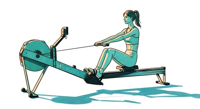 Athletic woman using indoor rowing machine for fitness workout.