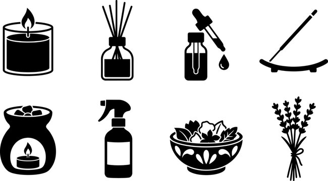 Aromatherapy and natural scent icons featuring diffuser spray flowers lavender