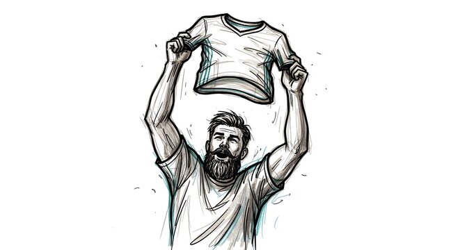 Illustration of bearded man holding up oversized shirt sketch.