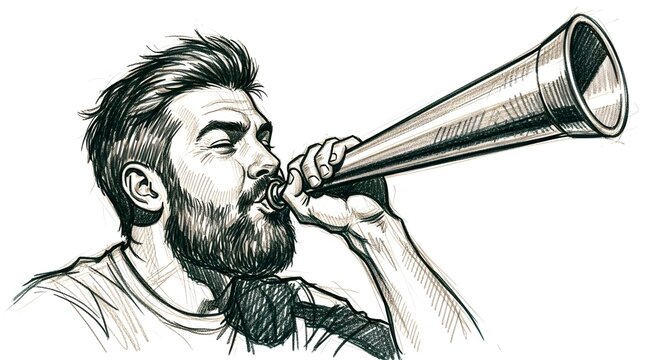 Bearded man shouting through large vintage megaphone illustration.