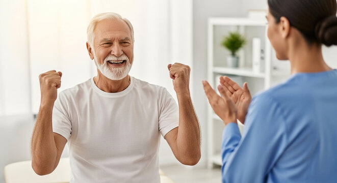 Cheerful senior man celebrating recovery and success with fists raised while a supportive nurse claps in a bright modern rehabilitation clinic.