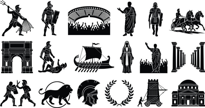 Ancient Rome black silhouette icons set including gladiators, colosseum, chariot, soldiers, architecture, and laurel wreath for historical design