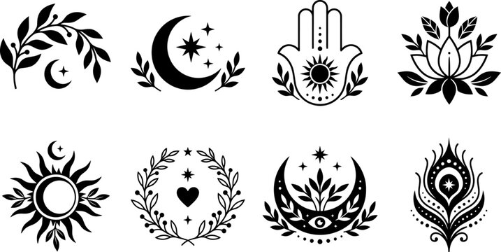 Spiritual emblems with celestial motifs laurel wreaths hamsa lotus feather