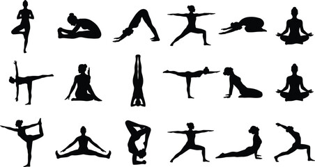 Obraz premium Silhouette of a woman practicing various yoga poses, fitness exercises, and meditation icons isolated on a white background