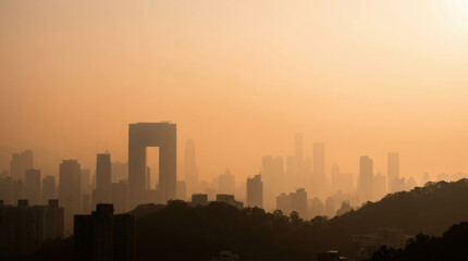 Obraz premium Pollution smog air urban skyline cityscape haze building sunset pollution smog air urban skyline cityscape haze building sunset. toxic smoke carbon emission. city fog, environmental climate health