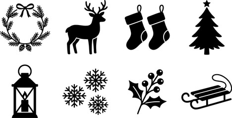 Christmas wreath reindeer stockings tree snowflakes holly sled lantern illustration © Vecto_Pixels