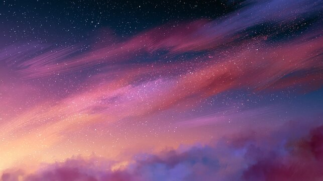 Dreamy editorial background in medium shot focusing on translucent brushstroke clouds with shimmering starlike particles floating in a celestial gradient sky perfect for calming