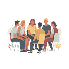 Fototapeta premium A diverse group of six people sitting in a circle, engaged in conversation and listening intently to each other.