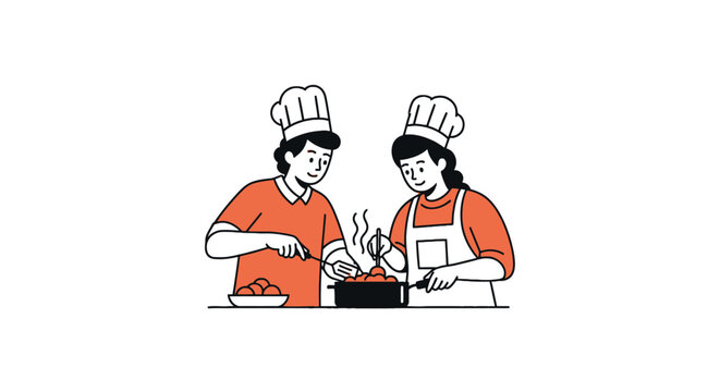 Two chefs cooking together in kitchen.