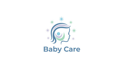 Fototapeta premium Minimalist baby care brand logo shows a stylized profile of a child with colorful sparkle icons on a clean white background for a modern look.