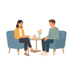 Obraz premium Two people in armchairs talking over a small table with coffee and flowers.