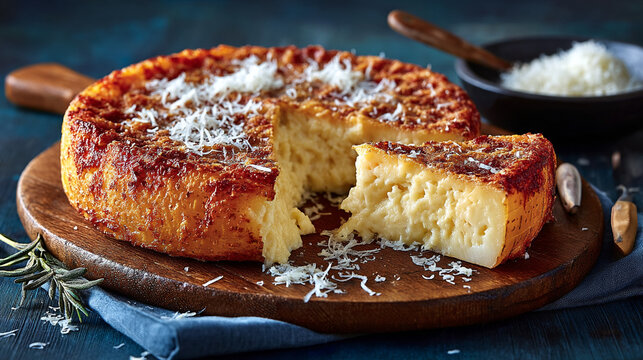 Traditional italian rice pie topped with grated parmesan cheese on a wooden board